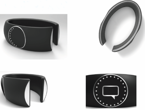 4 illustrations of a black-and-white slip-on wristband with graphic display
