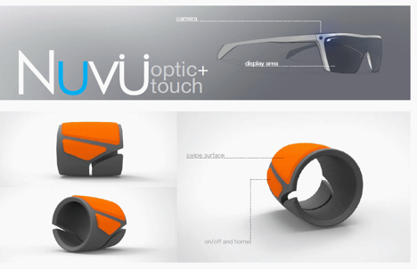 Illustration of eyeglasses with built-in camera above 3 close-up illustrations of a gray finger-ring with 2 orange control pads