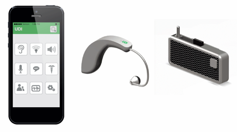 3 illustrations, from left to right:  iPhone display with 9 icons; over-the-ear earpiece; clip-on microphone